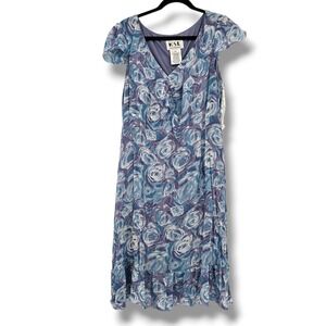 KSL Karin Stevens‎ Blue Floral Rose V-Neck Ruffle Midi Dress 18W 35333S